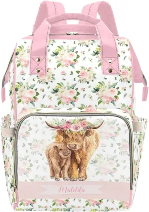 Personalized Cute Cow Diaper Bag for Women, Custom Name Nursing Mommy Daypack, Diaper Bag for Baby Boy Girl, New Mom Gifts