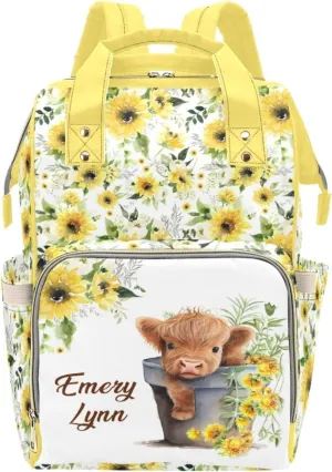 Personalized Diaper Backpack for Mom, Custom Highland Cow Sunflower Diaper Bag with Name Customized Nappy Bags Travel Shopping Casual Mommy Backpack for Mom