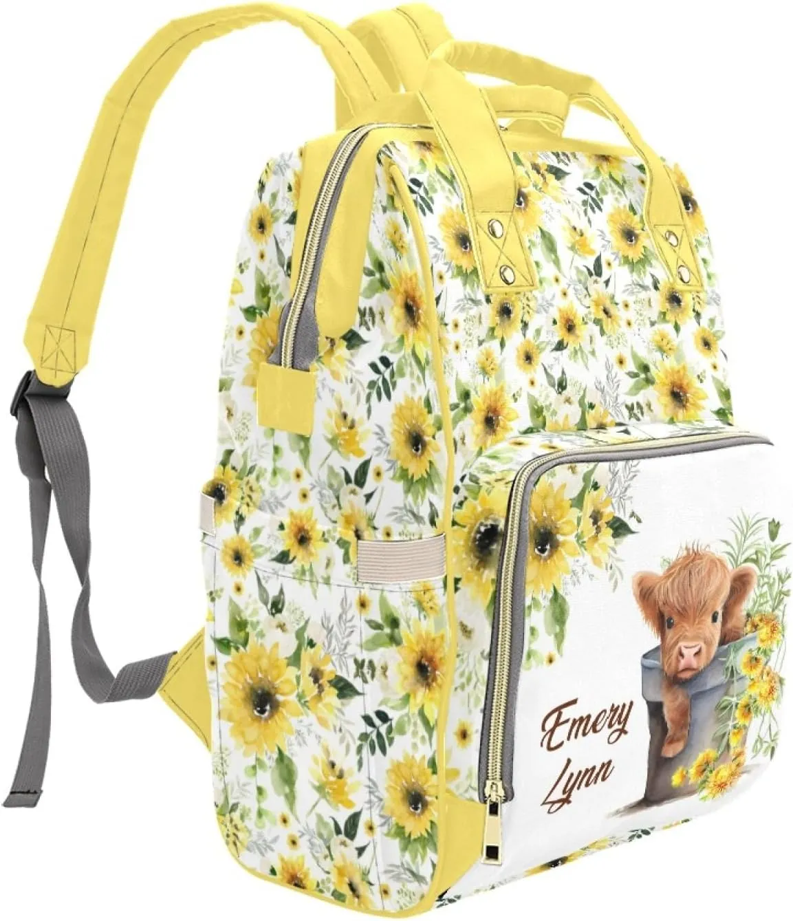 Personalized Diaper Backpack for Mom, Custom Highland Cow Sunflower Diaper Bag with Name Customized Nappy Bags Travel Shopping Casual Mommy Backpack for Mom