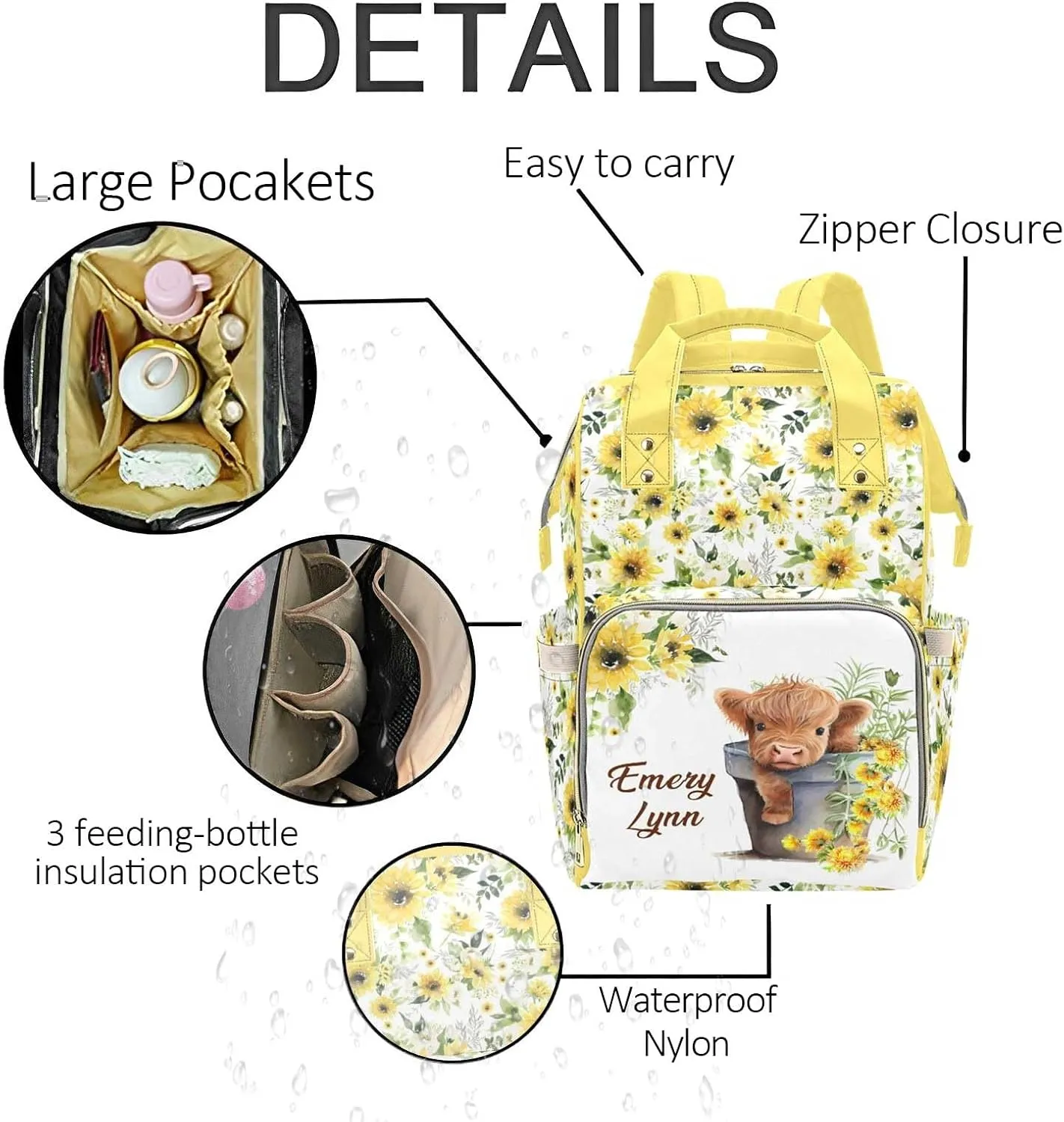 Personalized Diaper Backpack for Mom, Custom Highland Cow Sunflower Diaper Bag with Name Customized Nappy Bags Travel Shopping Casual Mommy Backpack for Mom