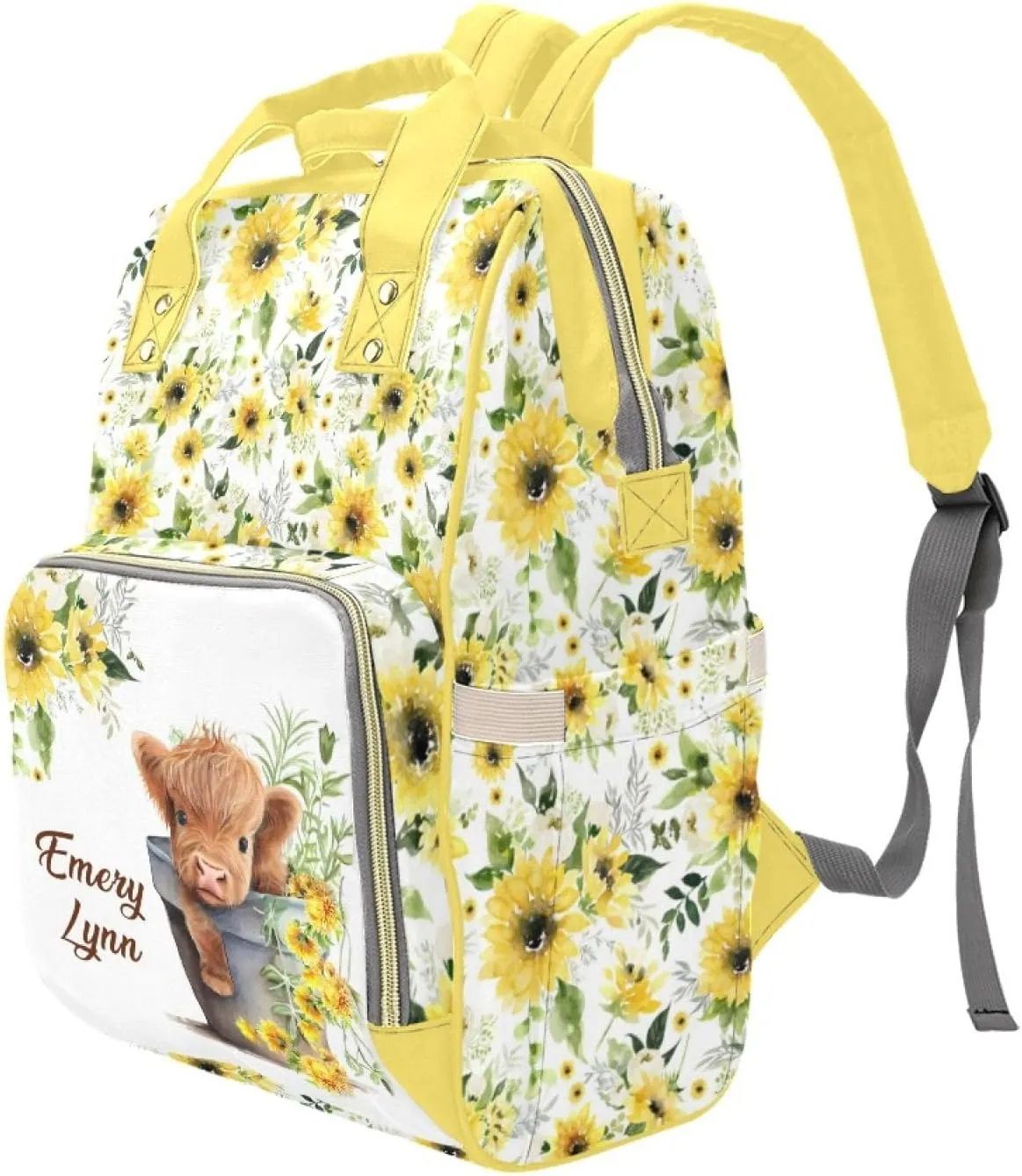 Personalized Diaper Backpack for Mom, Custom Highland Cow Sunflower Diaper Bag with Name Customized Nappy Bags Travel Shopping Casual Mommy Backpack for Mom