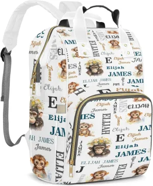 Personalized Diaper Backpack with Name, Custom Monkey Baby Backpack Diaper Bag, Boy Girl Multifunctional Mommy Bag