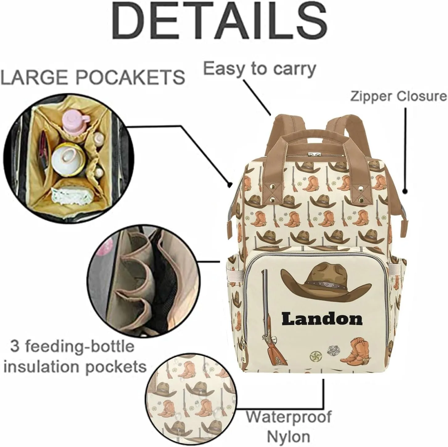 Personalized Diaper Bag Backpack for Women, Custom Name Nursing Mommy Daypack, Diaper Bag for Girls Boys, New Mom Gifts (Cowboy)