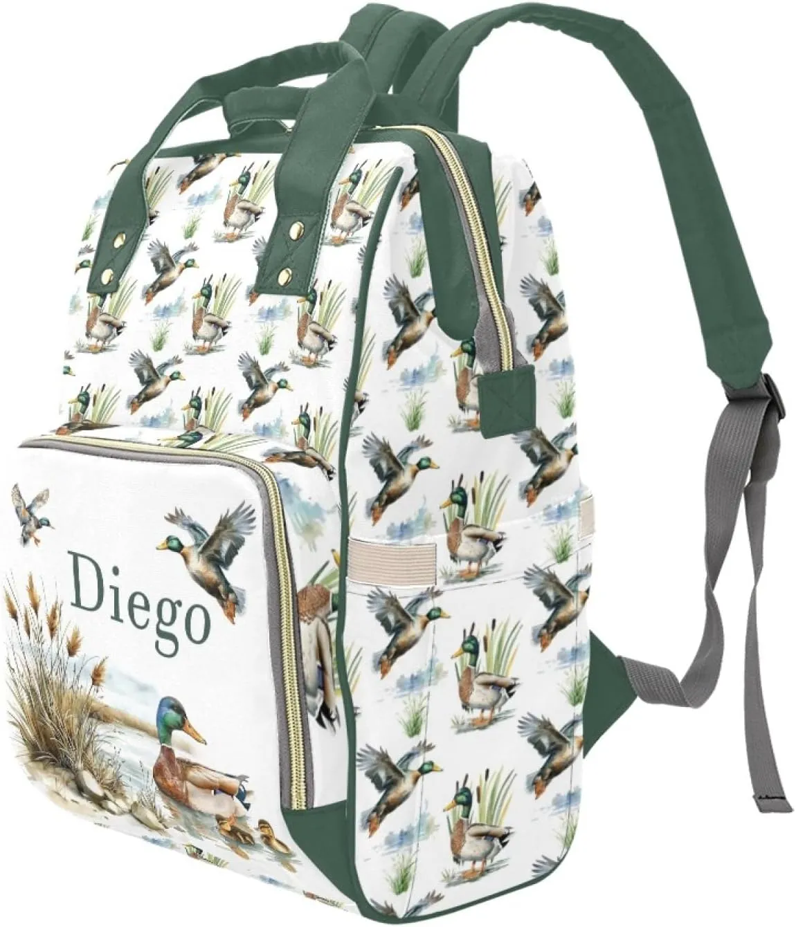 Personalized Diaper Bag Backpack for Women, Custom Name Nursing Mommy Daypack, Mallard Ducks Diaper Bag for Girls Boys, New Mom Gifts