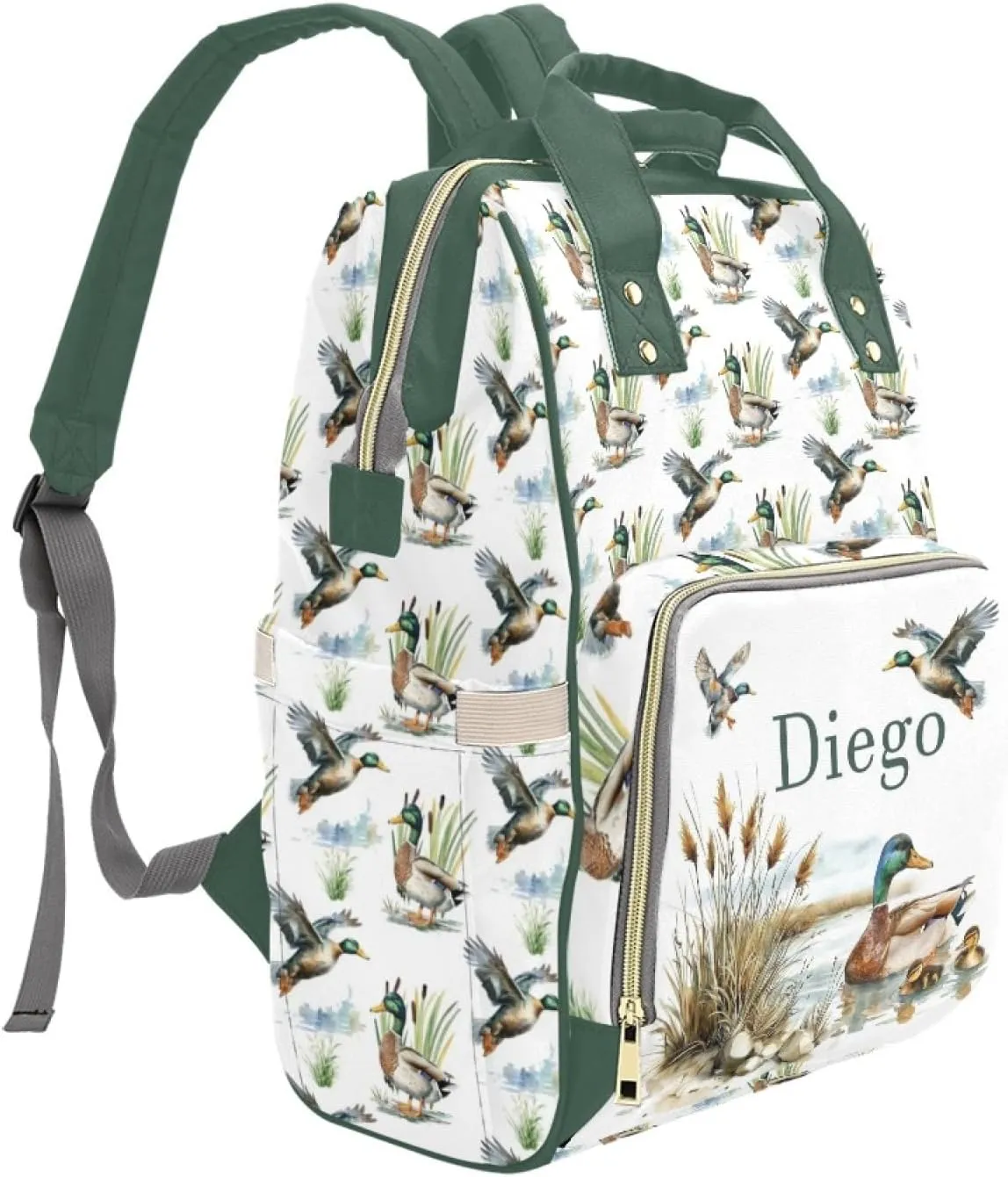 Personalized Diaper Bag Backpack for Women, Custom Name Nursing Mommy Daypack, Mallard Ducks Diaper Bag for Girls Boys, New Mom Gifts