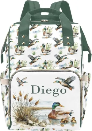 Personalized Diaper Bag Backpack for Women, Custom Name Nursing Mommy Daypack, Mallard Ducks Diaper Bag for Girls Boys, New Mom Gifts