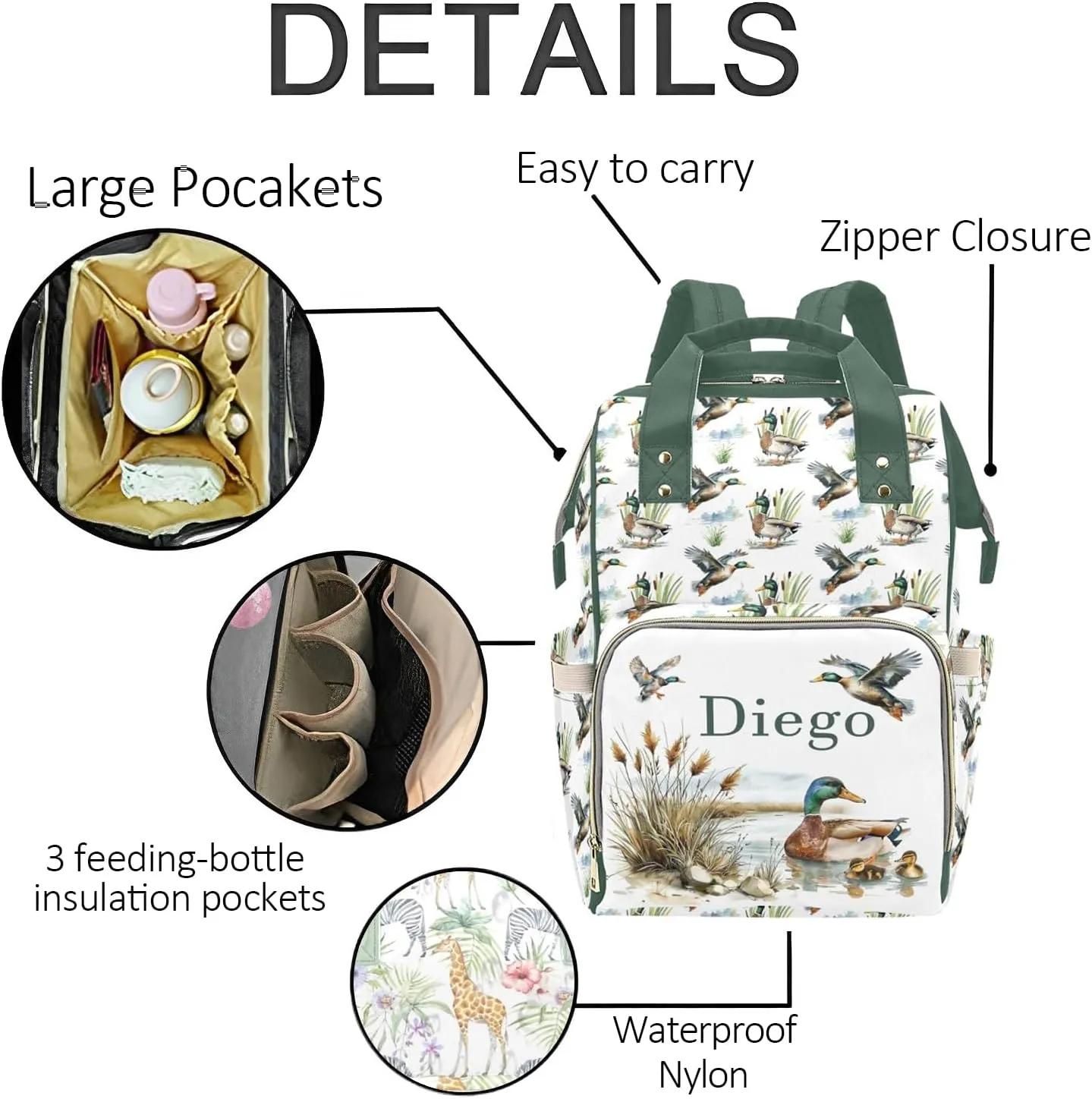 Personalized Diaper Bag Backpack for Women, Custom Name Nursing Mommy Daypack, Mallard Ducks Diaper Bag for Girls Boys, New Mom Gifts