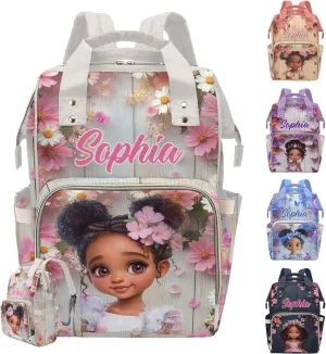 Personalized Diaper Bag Backpack Waterproof Baby Bag for Baby Girls Boys Princess Flowers, Customized Name Nursing Baby Bags with Adjustable Shoulder Straps for Toddlers New Mon