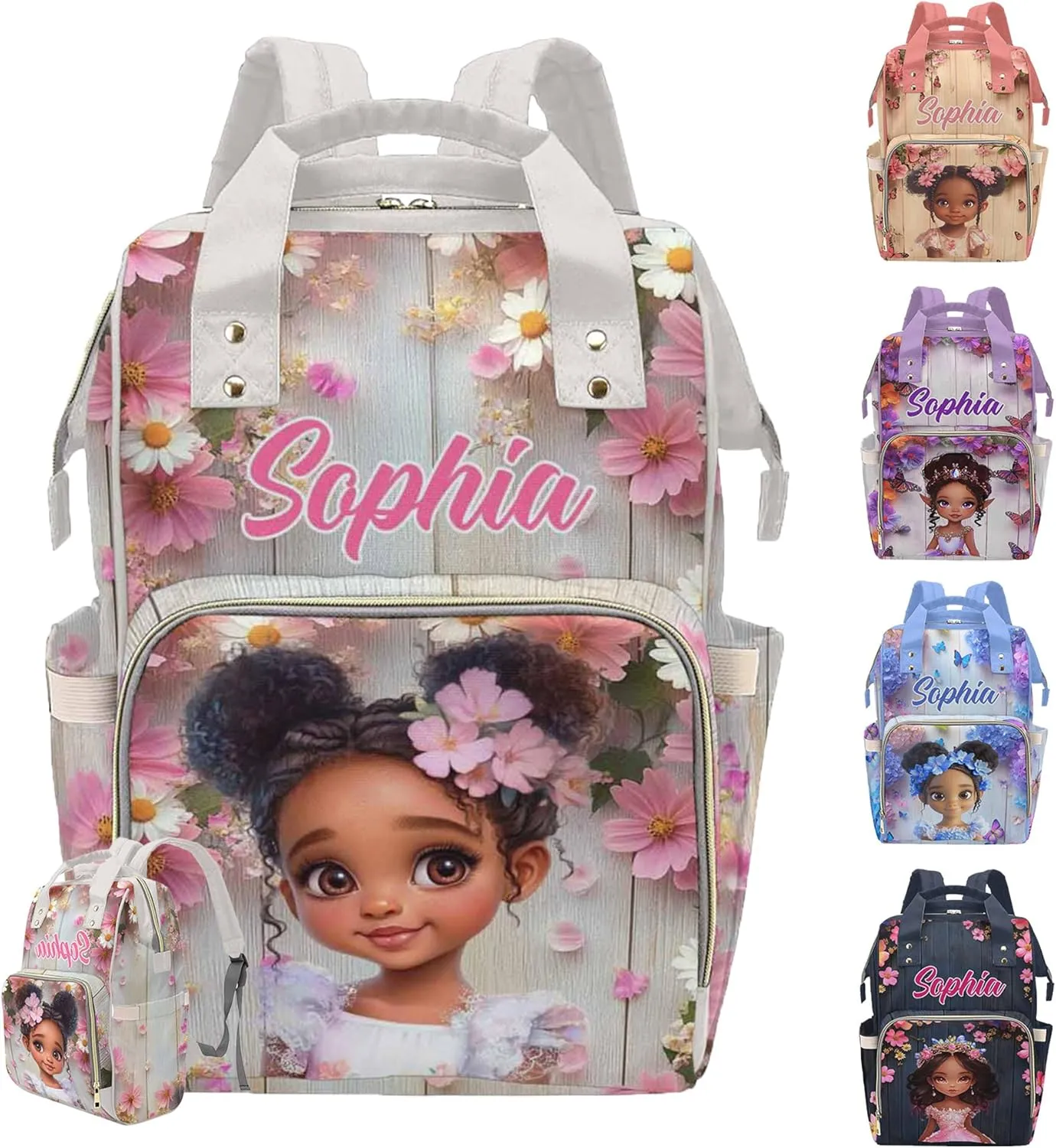 Personalized Diaper Bag Backpack Waterproof Baby Bag for Baby Girls Boys Princess Flowers, Customized Name Nursing Baby Bags with Adjustable Shoulder Straps for Toddlers New Mon