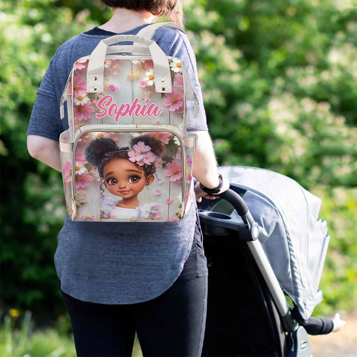Personalized Diaper Bag Backpack Waterproof Baby Bag for Baby Girls Boys Princess Flowers, Customized Name Nursing Baby Bags with Adjustable Shoulder Straps for Toddlers New Mon