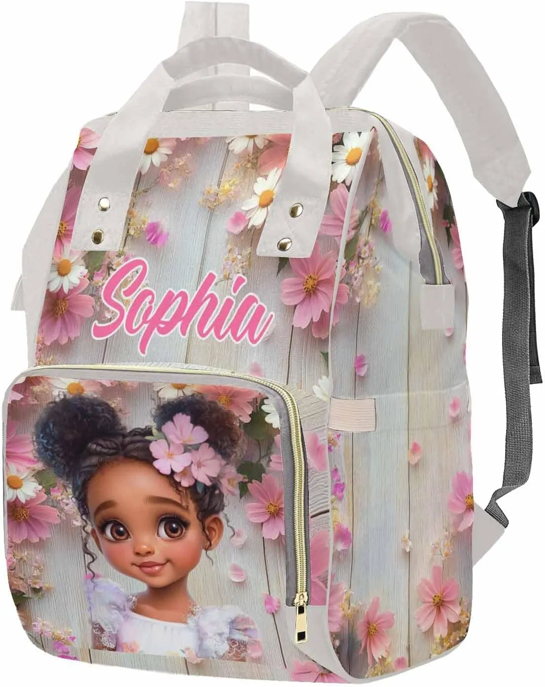 Personalized Diaper Bag Backpack Waterproof Baby Bag for Baby Girls Boys Princess Flowers, Customized Name Nursing Baby Bags with Adjustable Shoulder Straps for Toddlers New Mon