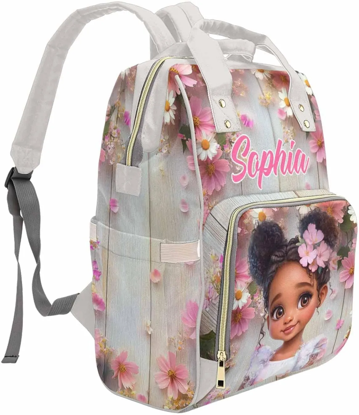 Personalized Diaper Bag Backpack Waterproof Baby Bag for Baby Girls Boys Princess Flowers, Customized Name Nursing Baby Bags with Adjustable Shoulder Straps for Toddlers New Mon