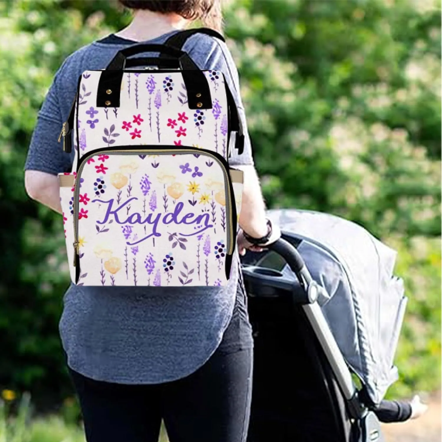 Personalized Diaper Bag Backpack with Name Flower Pattern Custom Monogram Backpack Travel Outdoor Mommy Bag Customized Gift for Newborn Baby Boys & Girls Father's Day Mother's Day Christmas Birthday