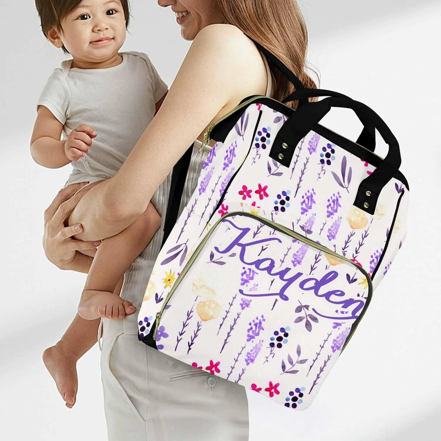 Personalized Diaper Bag Backpack with Name Flower Pattern Custom Monogram Backpack Travel Outdoor Mommy Bag Customized Gift for Newborn Baby Boys & Girls Father's Day Mother's Day Christmas Birthday