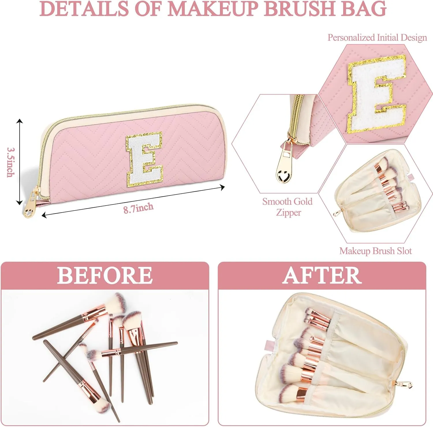Personalized Initial Cute Makeup Bag Pink Cosmetic Bag Travel Toiletry Bag, Trendy Stuff Leather Waterproof Makeup Organizer Case Birthday/Graduation Gifts for Women Girls Mom Girlfriend Wife Pink A