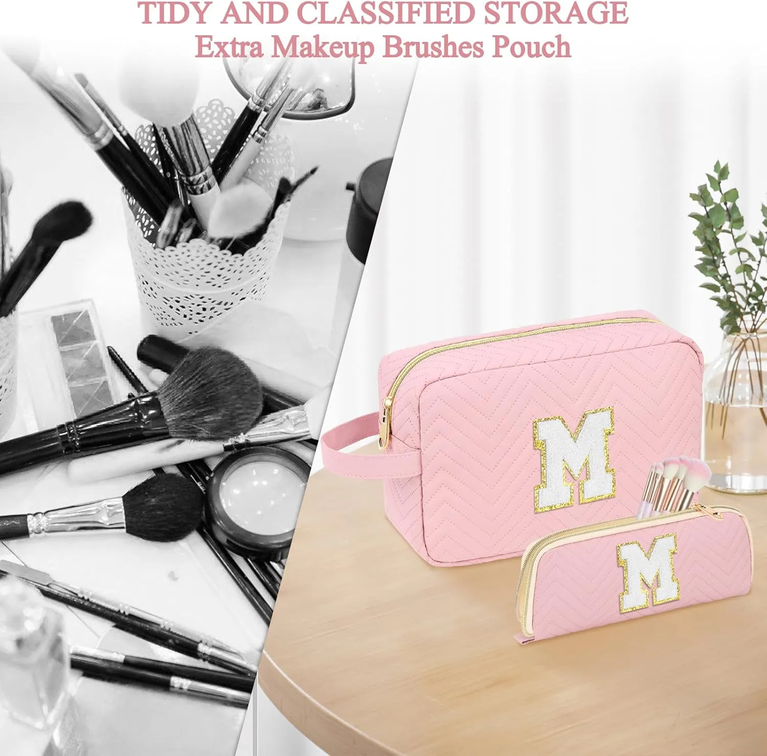 Personalized Initial Cute Makeup Bag Pink Cosmetic Bag Travel Toiletry Bag, Trendy Stuff Leather Waterproof Makeup Organizer Case Birthday/Graduation Gifts for Women Girls Mom Girlfriend Wife Pink A