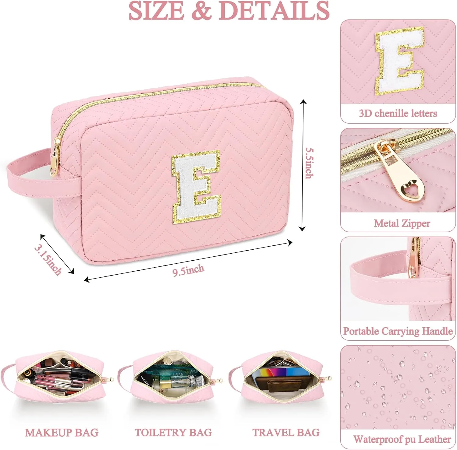 Personalized Initial Cute Makeup Bag Pink Cosmetic Bag Travel Toiletry Bag, Trendy Stuff Leather Waterproof Makeup Organizer Case Birthday/Graduation Gifts for Women Girls Mom Girlfriend Wife Pink A