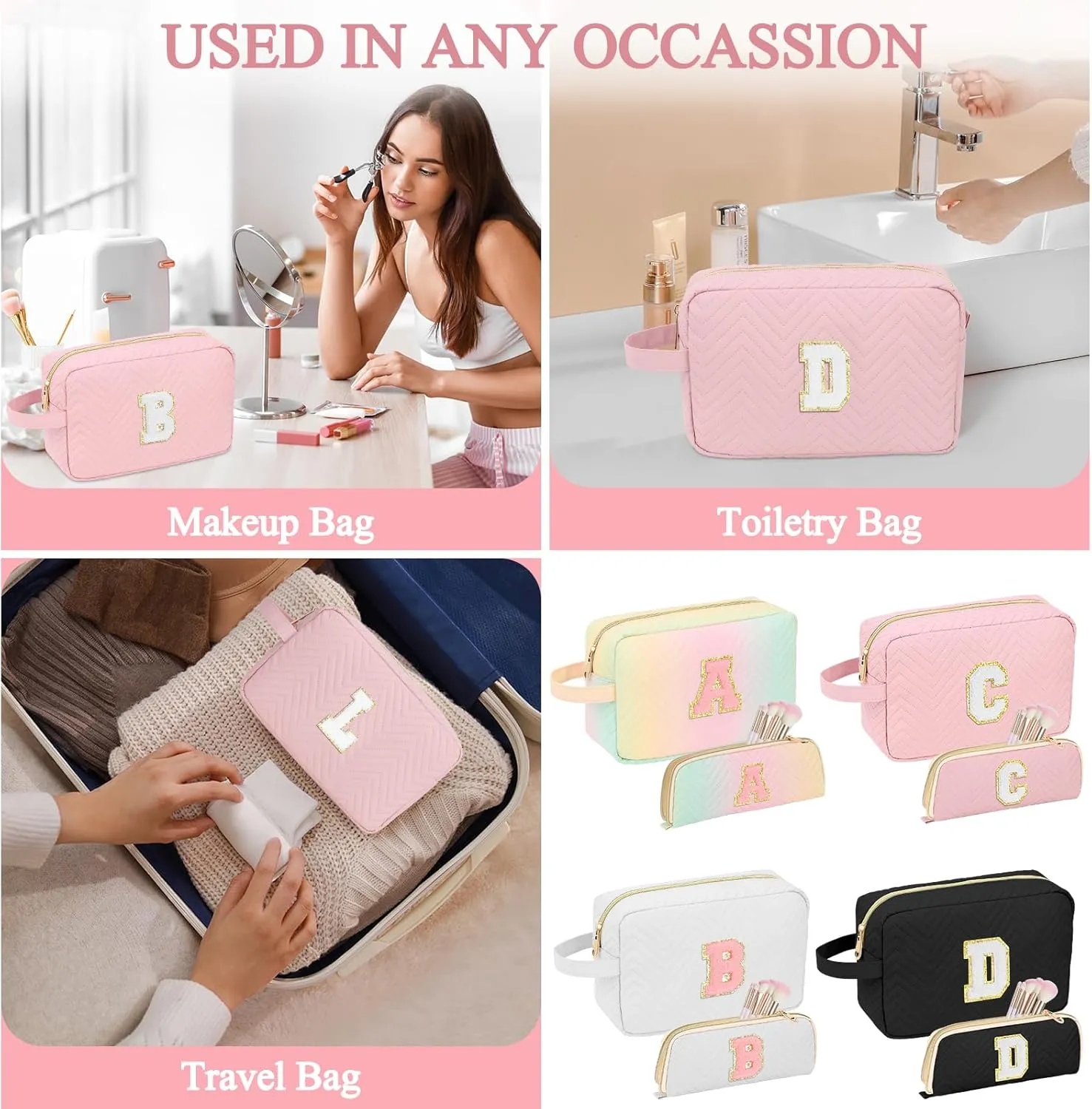 Personalized Initial Cute Makeup Bag Pink Cosmetic Bag Travel Toiletry Bag, Trendy Stuff Leather Waterproof Makeup Organizer Case Birthday/Graduation Gifts for Women Girls Mom Girlfriend Wife Pink A
