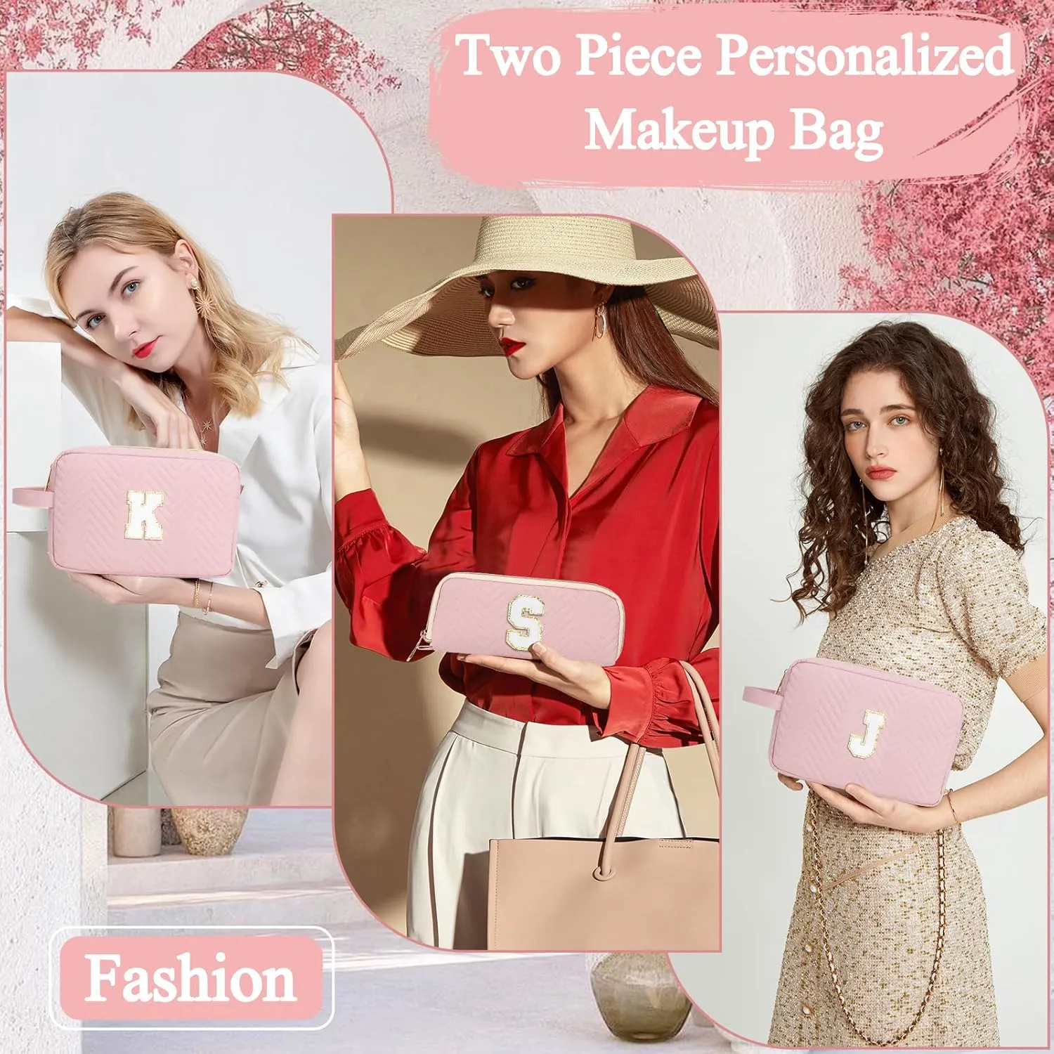 Personalized Initial Cute Makeup Bag Pink Cosmetic Bag Travel Toiletry Bag, Trendy Stuff Leather Waterproof Makeup Organizer Case Birthday/Graduation Gifts for Women Girls Mom Girlfriend Wife Pink A