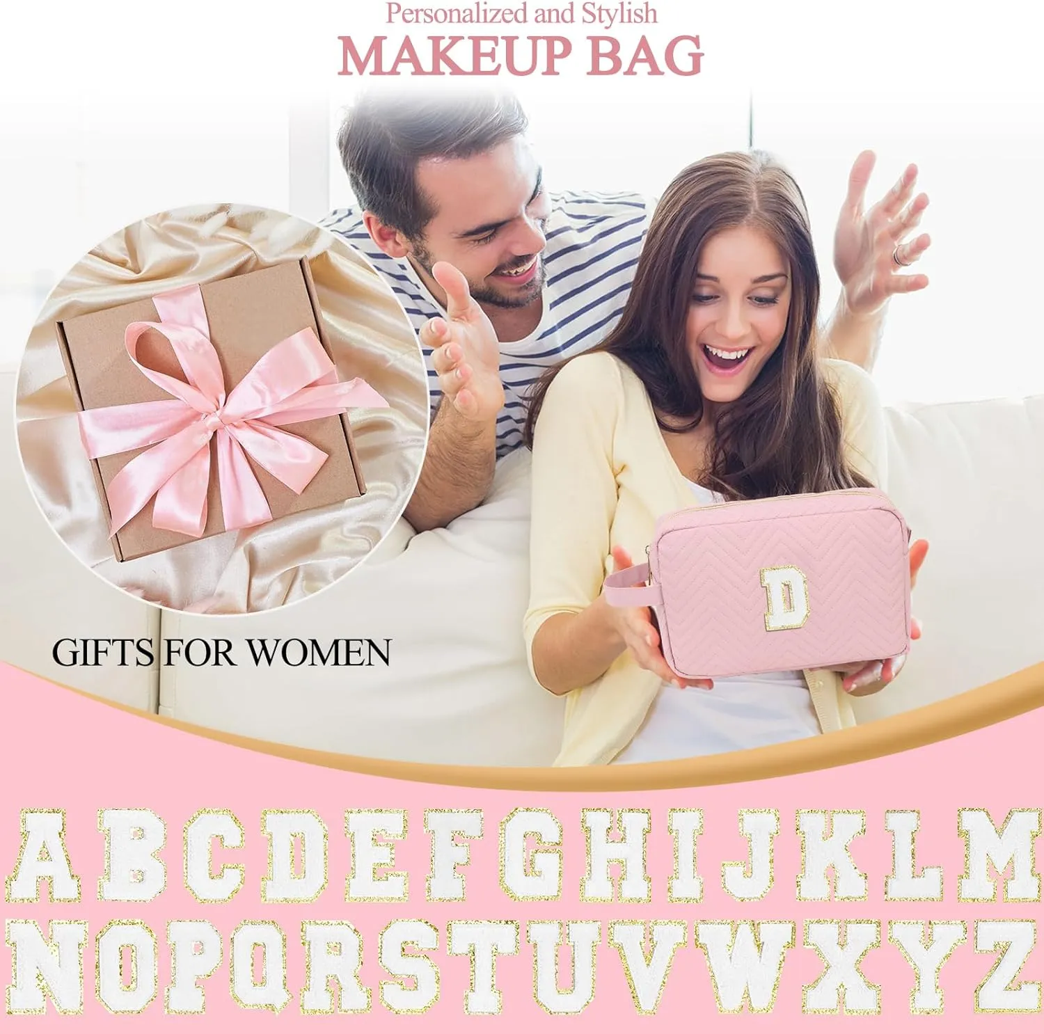 Personalized Initial Cute Makeup Bag Pink Cosmetic Bag Travel Toiletry Bag, Trendy Stuff Leather Waterproof Makeup Organizer Case Birthday/Graduation Gifts for Women Girls Mom Girlfriend Wife Pink A