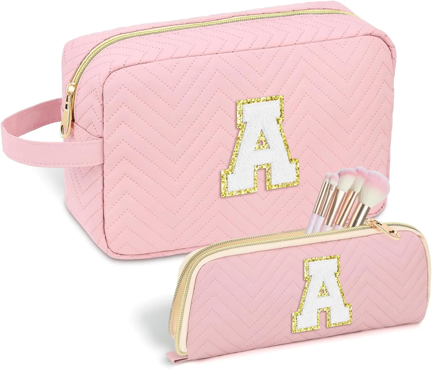 Personalized Initial Cute Makeup Bag Pink Cosmetic Bag Travel Toiletry Bag, Trendy Stuff Leather Waterproof Makeup Organizer Case Birthday/Graduation Gifts for Women Girls Mom Girlfriend Wife Pink A