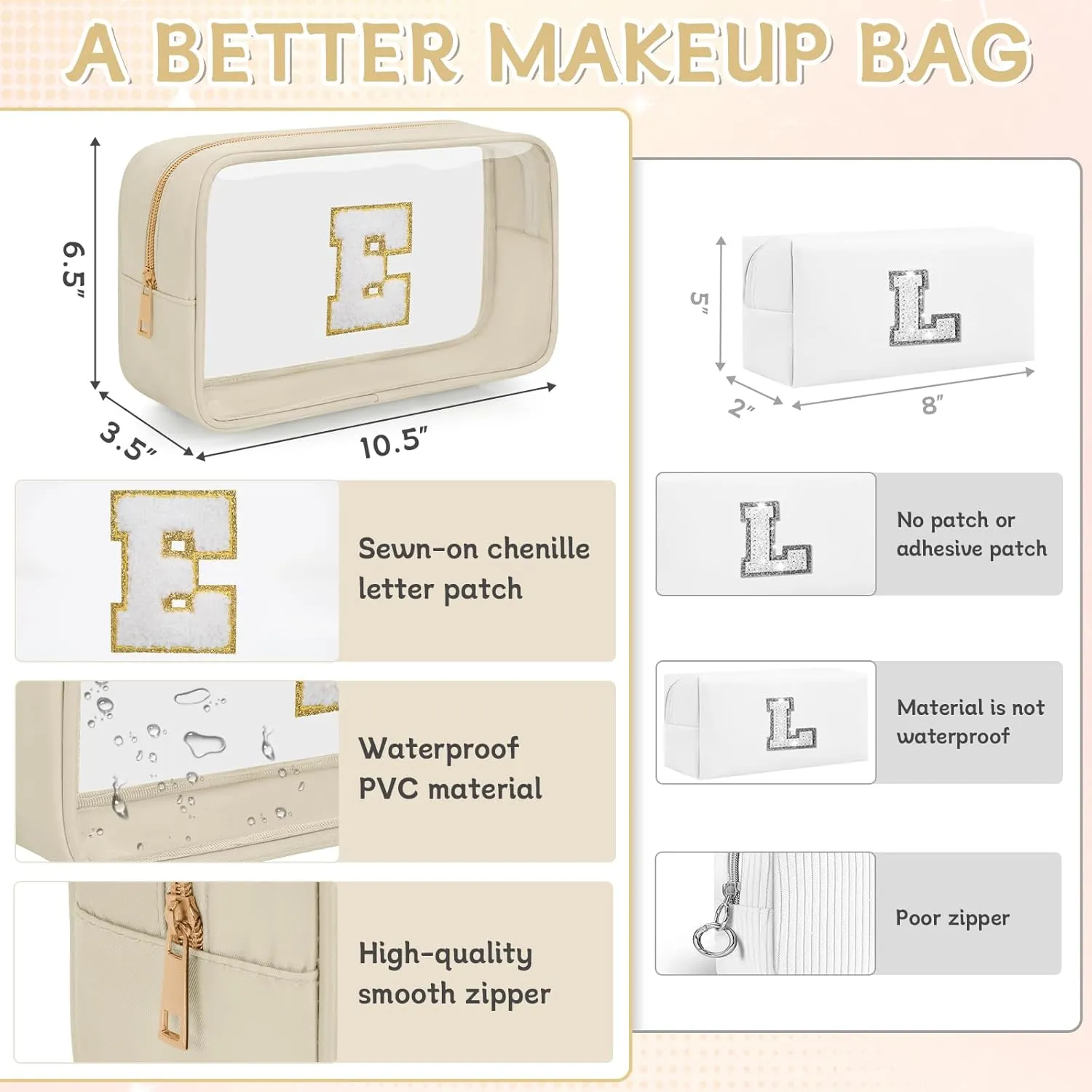 Personalized Initial Letter Clear Makeup Bag, Travel Chenille Patch Cosmetic Bag, Waterproof Toiletry Bag with Zipper for Teen Girls Women (Beige, E)