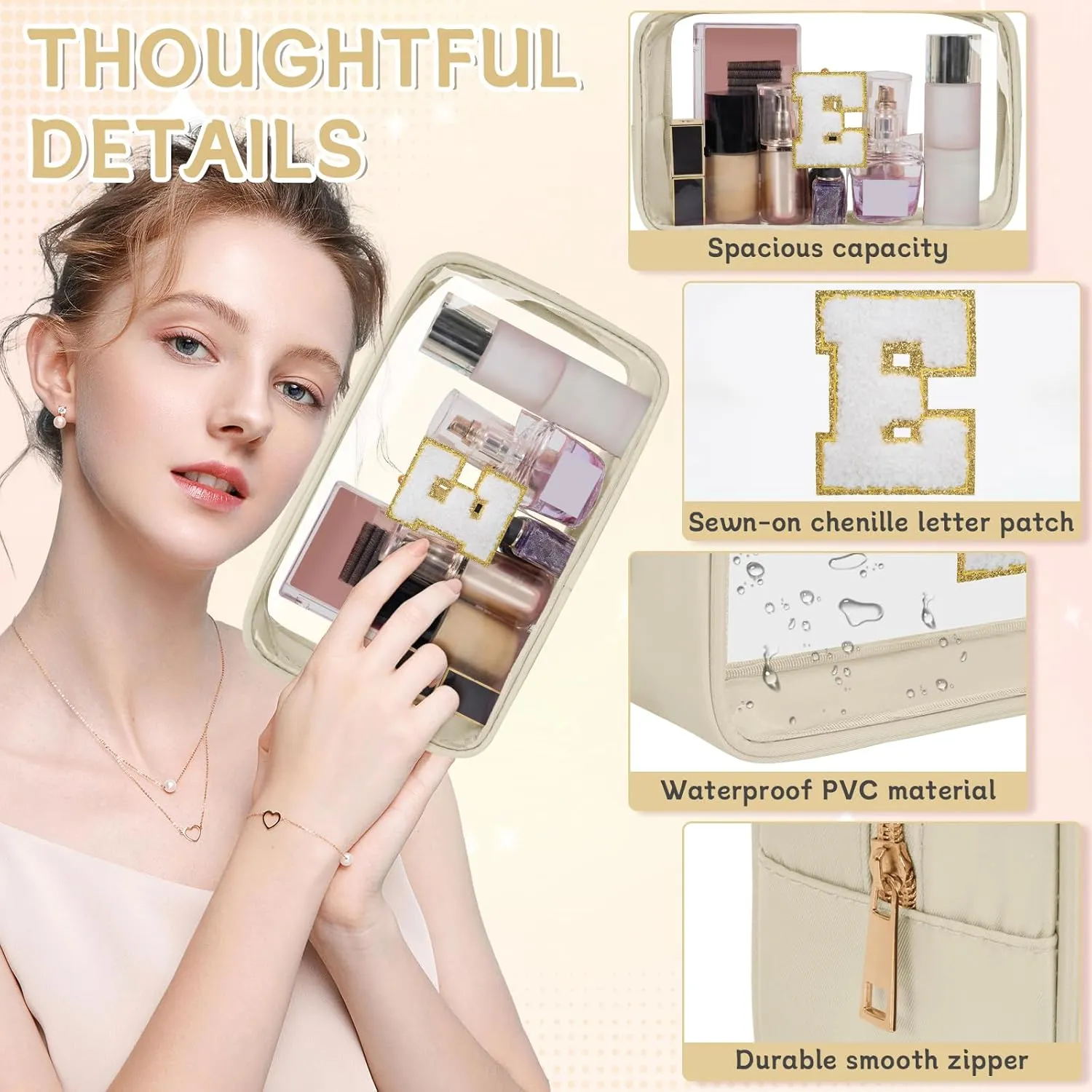 Personalized Initial Letter Clear Makeup Bag, Travel Chenille Patch Cosmetic Bag, Waterproof Toiletry Bag with Zipper for Teen Girls Women (Beige, E)