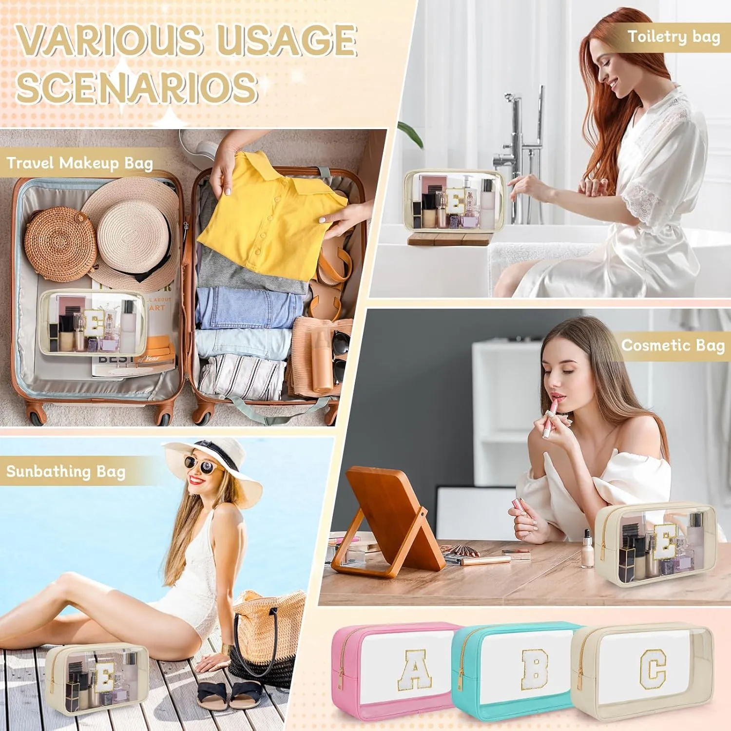 Personalized Initial Letter Clear Makeup Bag, Travel Chenille Patch Cosmetic Bag, Waterproof Toiletry Bag with Zipper for Teen Girls Women (Beige, E)