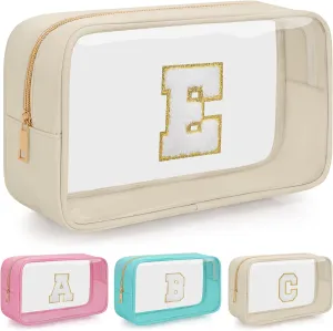 Personalized Initial Letter Clear Makeup Bag, Travel Chenille Patch Cosmetic Bag, Waterproof Toiletry Bag with Zipper for Teen Girls Women (Beige, E)