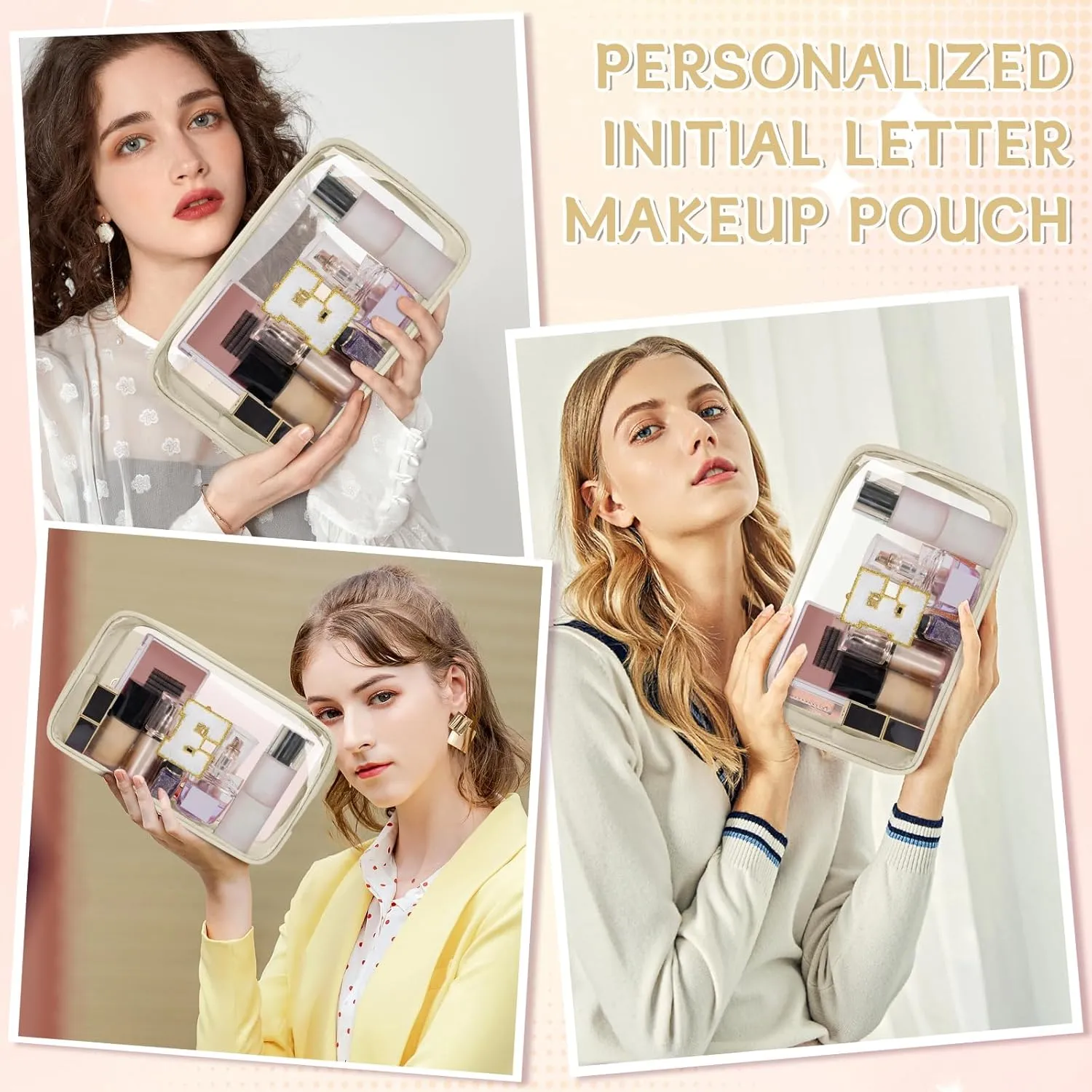 Personalized Initial Letter Clear Makeup Bag, Travel Chenille Patch Cosmetic Bag, Waterproof Toiletry Bag with Zipper for Teen Girls Women (Beige, E)