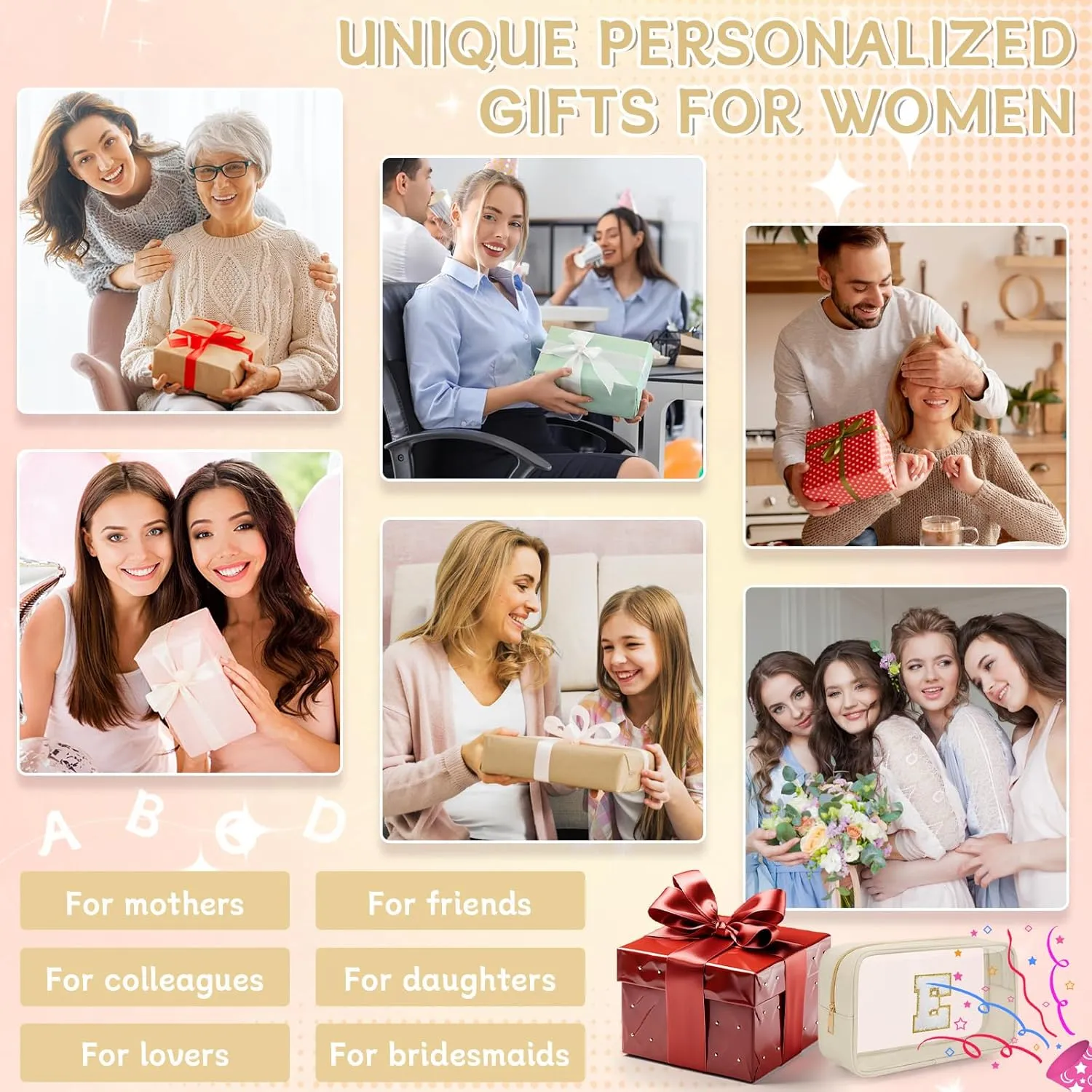 Personalized Initial Letter Clear Makeup Bag, Travel Chenille Patch Cosmetic Bag, Waterproof Toiletry Bag with Zipper for Teen Girls Women (Beige, E)