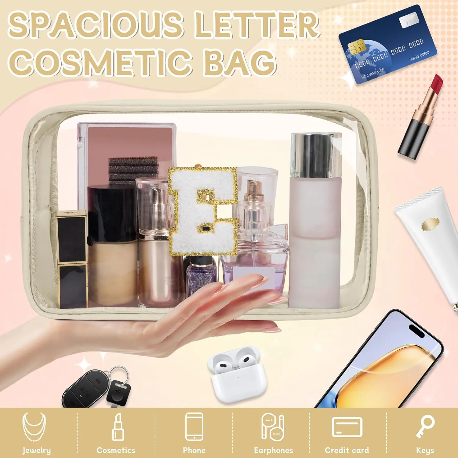 Personalized Initial Letter Clear Makeup Bag, Travel Chenille Patch Cosmetic Bag, Waterproof Toiletry Bag with Zipper for Teen Girls Women (Beige, E)