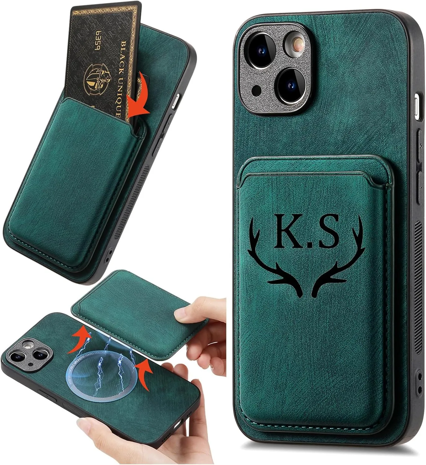 Personalized Leather Phone Case with Card Holder Bag for Apple iPhone 16 15 14 13 12 11 - Pro Max Plus,Custom Name Initial Case,Monogram Phone Case Cover PU, Laser Engraved