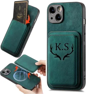 Personalized Leather Phone Case with Card Holder Bag for Apple iPhone 16 15 14 13 12 11 - Pro Max Plus,Custom Name Initial Case,Monogram Phone Case Cover PU, Laser Engraved