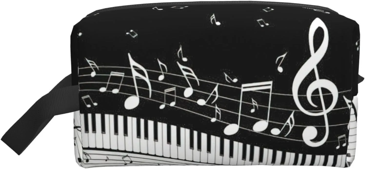 Piano Keys with Musical Notes Print Travel Essentials Storage Bag Cosmetic Organizer Pouch Large Capacity Zippered