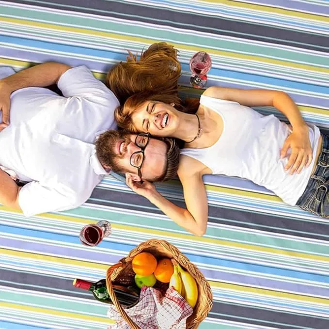Picnic Blanket | Beach Mat|Picnic Blanket for Indoor and Outdoor, 80" x 57" Sandproof Waterproof Larger Mat for Beach, Travel, Camping, Hiking, Park Grass,Handy Mat Tote, Foldable (Blue Line) …