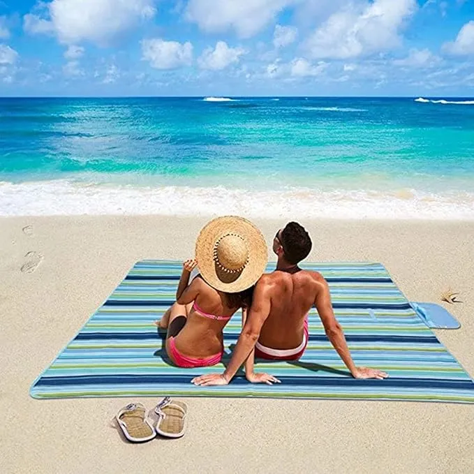 Picnic Blanket | Beach Mat|Picnic Blanket for Indoor and Outdoor, 80" x 57" Sandproof Waterproof Larger Mat for Beach, Travel, Camping, Hiking, Park Grass,Handy Mat Tote, Foldable (Blue Line) …