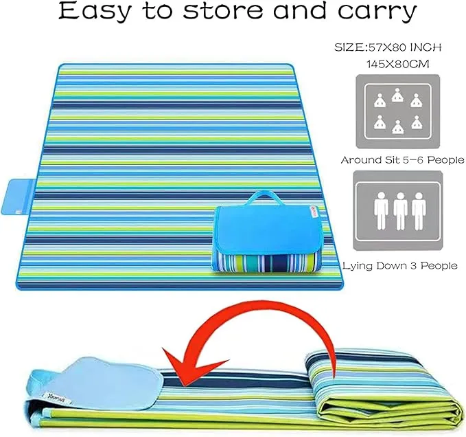 Picnic Blanket | Beach Mat|Picnic Blanket for Indoor and Outdoor, 80" x 57" Sandproof Waterproof Larger Mat for Beach, Travel, Camping, Hiking, Park Grass,Handy Mat Tote, Foldable (Blue Line) …