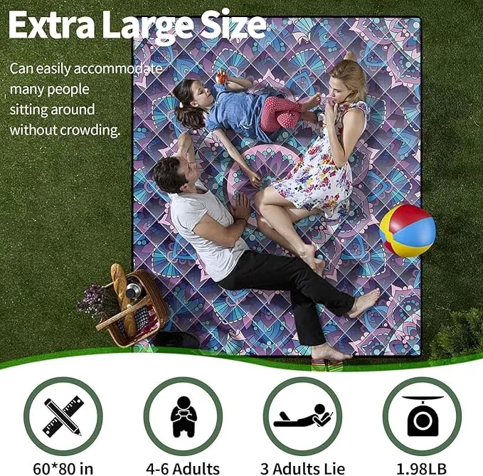 Picnic Blankets Beach Blanket 60"x80" Waterproof Sandproof Extra Large Outdoor Mat for Grass Camping Essentials Travel Accessories Vacation Gear Must Haves Gifts for Women Couple Family