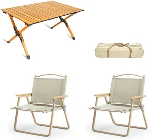 Picnic Table Chair Set of 3 Camping Table Chair with Aluminum Roll-up Backpacking Table and Lawn Chair Portable Folding Furniture for Indoor Outdoor, Large