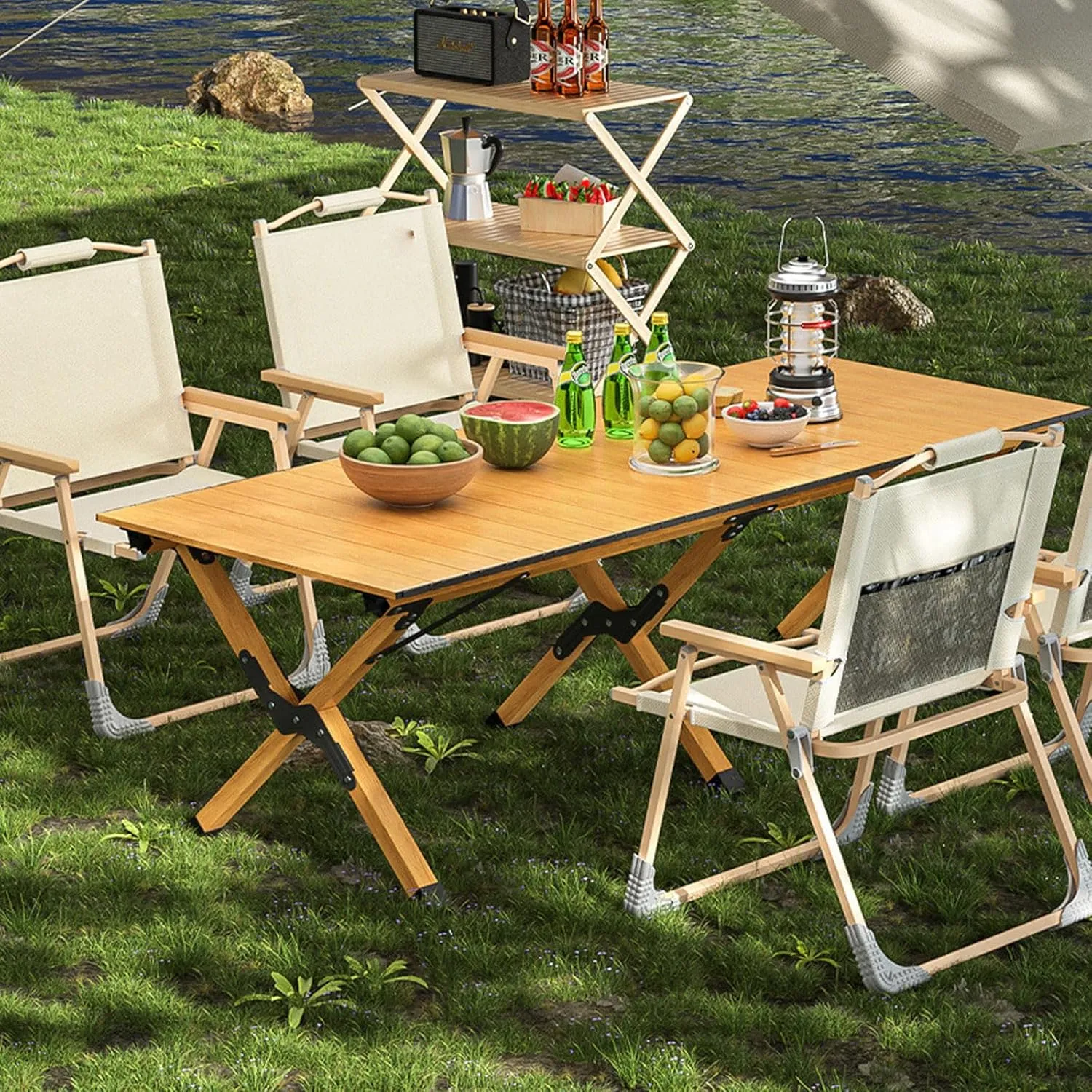 Picnic Table Chair Set of 3 Camping Table Chair with Aluminum Roll-up Backpacking Table and Lawn Chair Portable Folding Furniture for Indoor Outdoor, Large