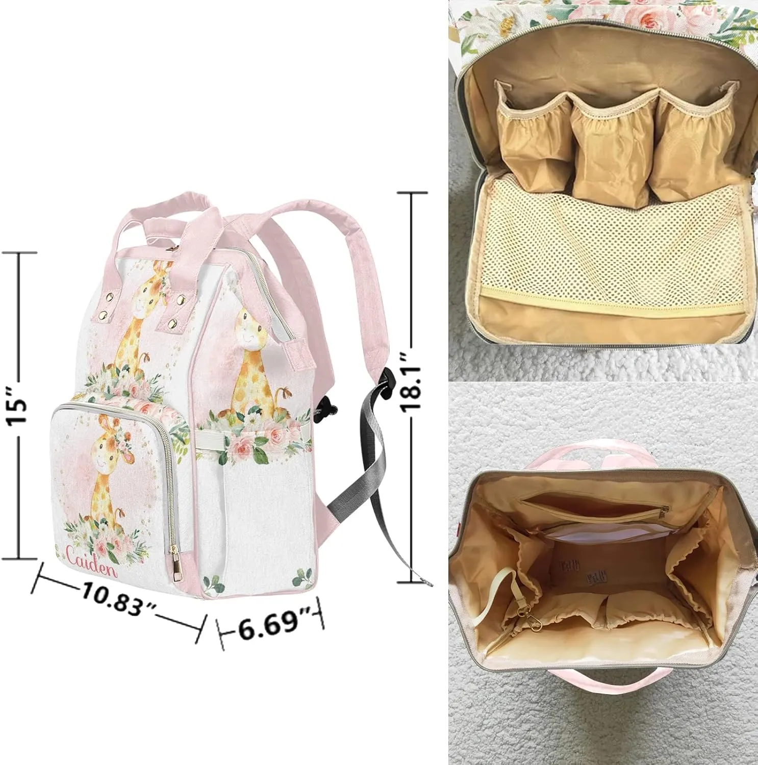 Pink Floral Jungle Giraffe Personalized Diaper Backpack with Name,Custom Travel DayPack for Nappy Mommy Nursing Baby Bag One Size