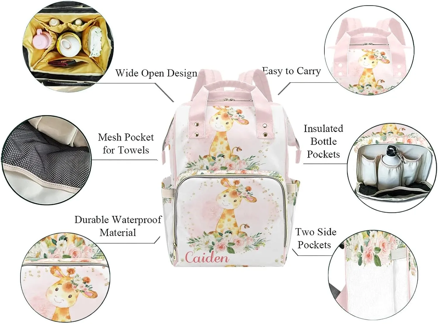Pink Floral Jungle Giraffe Personalized Diaper Backpack with Name,Custom Travel DayPack for Nappy Mommy Nursing Baby Bag One Size