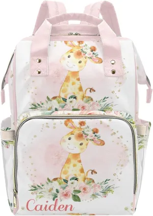 Pink Floral Jungle Giraffe Personalized Diaper Backpack with Name,Custom Travel DayPack for Nappy Mommy Nursing Baby Bag One Size