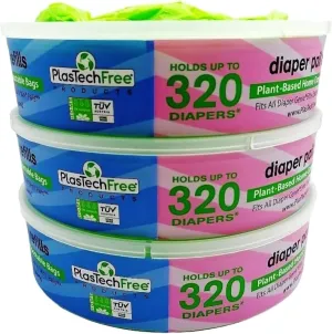 Plastech Diaper Pail Refills - 100% Home Compostable/Plant-Based, 3 Count