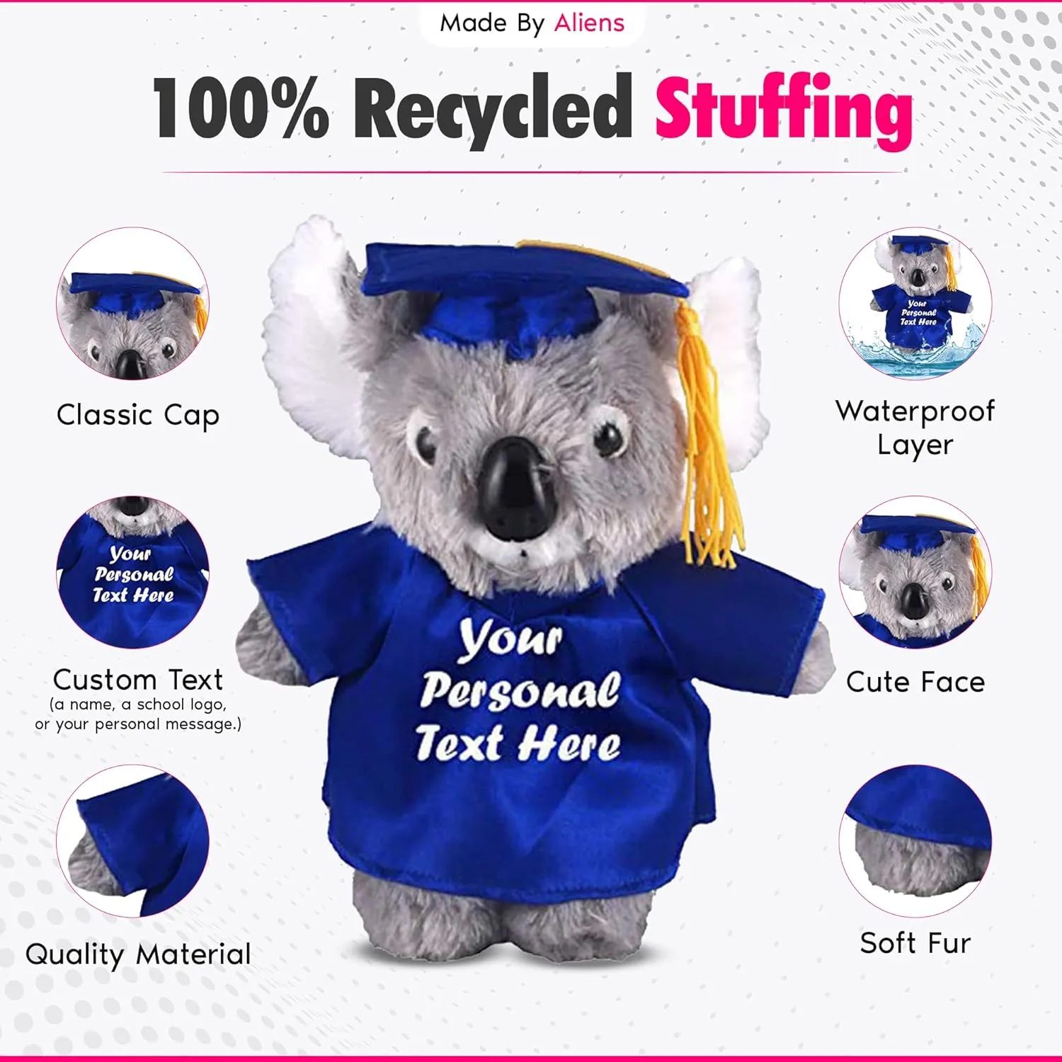 Plush Stuffed Animal Toys 8 Inches Present Gifts for Graduation Day, Personalized Text, Name or Your School Logo on Gown, Best for Any Grad School Kids (Graduation Koala Blue Gown)