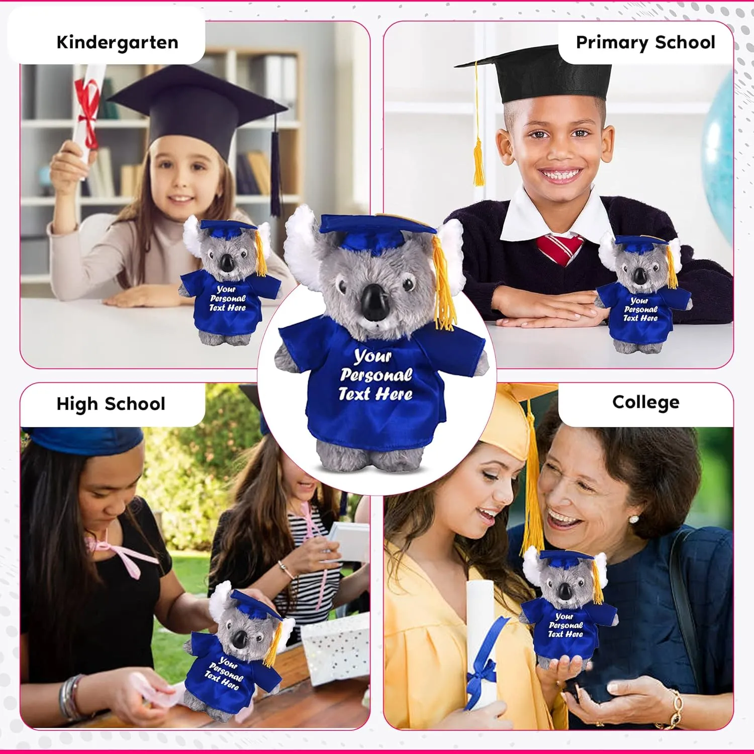 Plush Stuffed Animal Toys 8 Inches Present Gifts for Graduation Day, Personalized Text, Name or Your School Logo on Gown, Best for Any Grad School Kids (Graduation Koala Blue Gown)