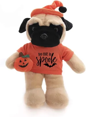Plushland Halloween Floppy Stuffed Animal Plush Toys Comes Hat and Pumpkin Sitting Too Cute to Spook Gift for Her Gift for Him 12 inch (Pug)