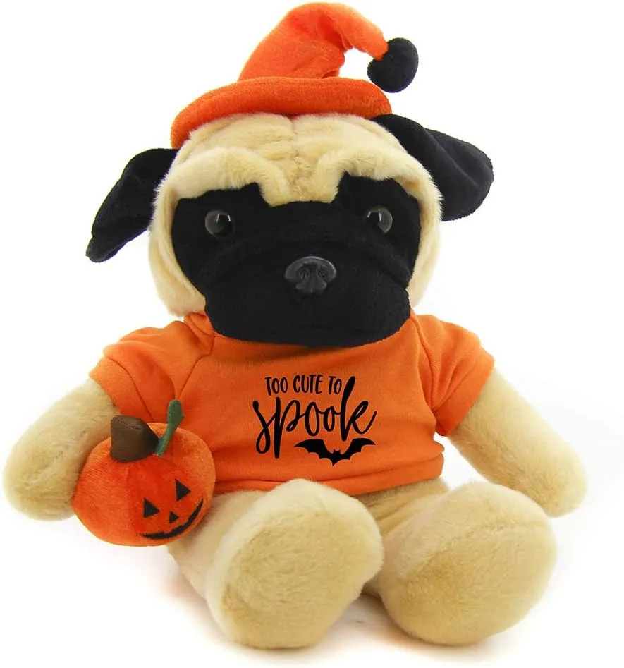 Plushland Halloween Floppy Stuffed Animal Plush Toys Comes Hat and Pumpkin Sitting Too Cute to Spook Gift for Her Gift for Him 12 inch (Pug)