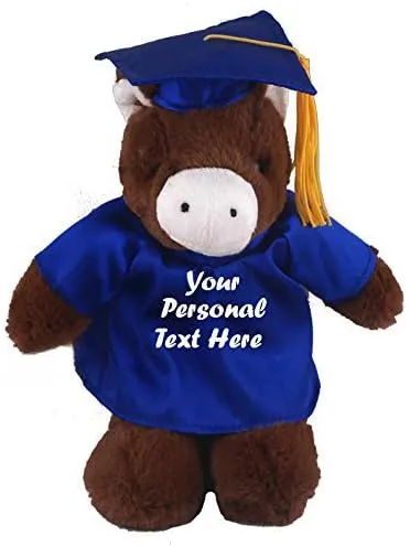 Plushland Plush Stuffed Animal Toys 12 Inches Present Gifts for Graduation Day, Personalized Text, Name or Your School Logo on Gown, Best for Any Grad School Kids (Graduation Horse Blue Gown)